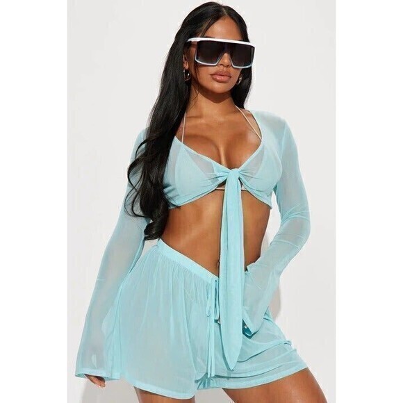 Teal 2 Piece Mesh Cover Up‎ Front Tie Top Size Large RefM010 - Picture 1 of 8